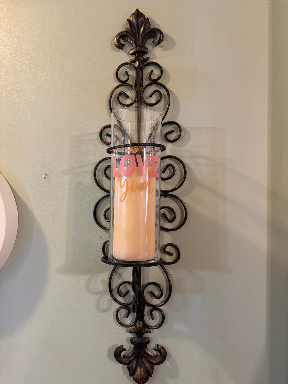 Decorative Wall Sconce with Glass Hurricane & Pink "Love You" Candle Holder